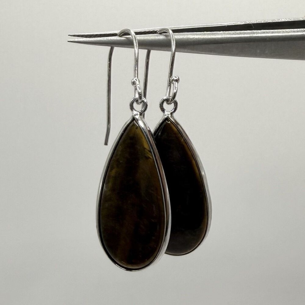 925 Tiger’s Eye Teardrop Dangle Earrings Sterling Silver Brown Gemstone